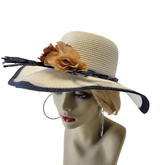 WHITE Paper Straw Hat Blue Trim Floral Embellish Wide Brim Sun Beach Hat - Picture 2 of 13